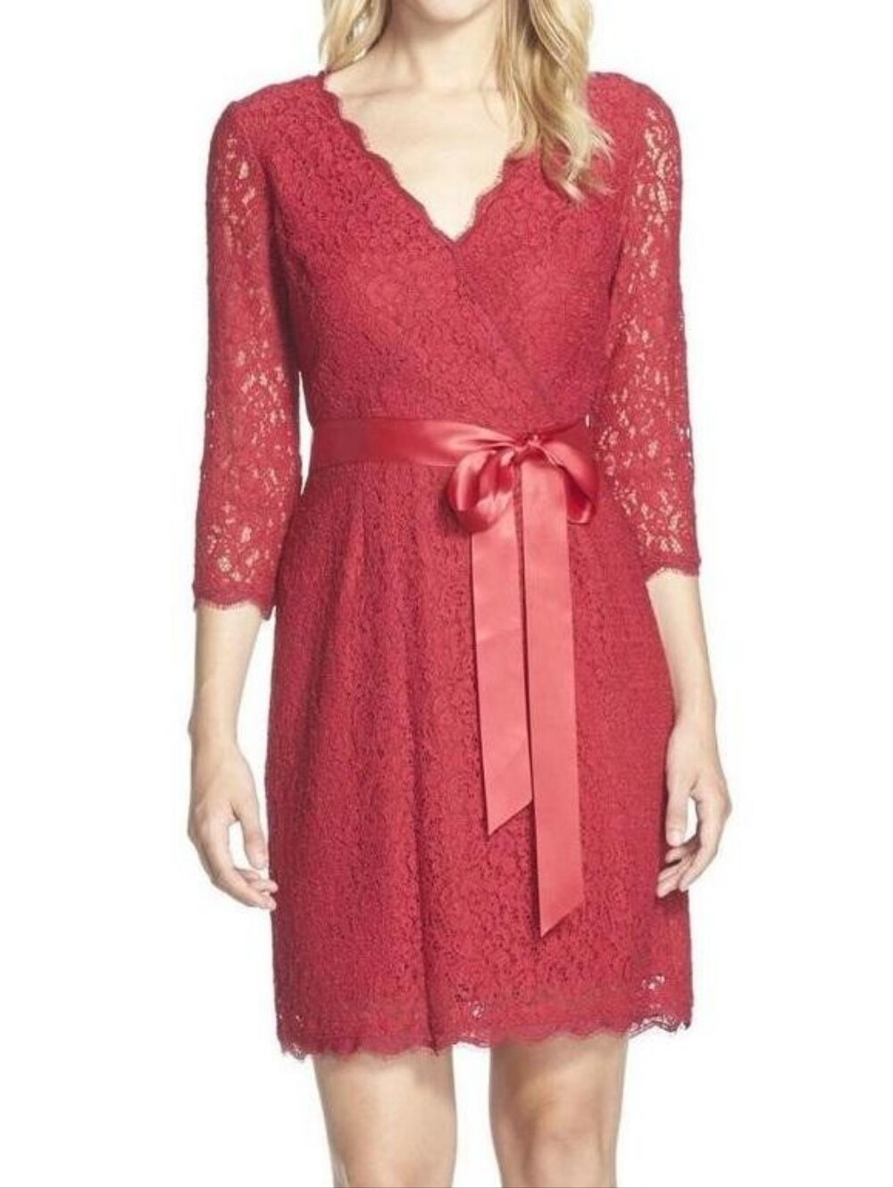 Adrianna Papell Long Sleeve Wrap Front Lace Cocktail Dress Red 6